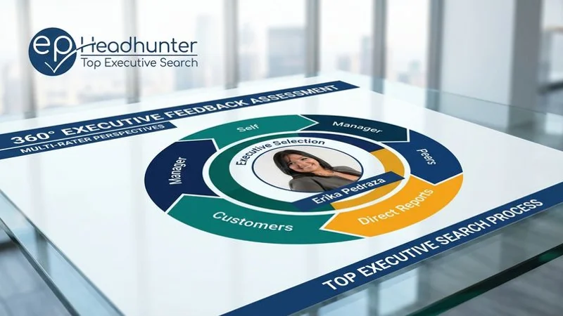 360-degree feedback assessment diagram illustrating multi-rater perspectives used in executive selection