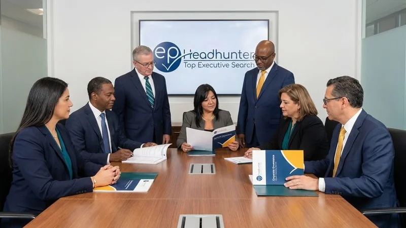 Diverse group of board members and independent directors reviewing corporate governance documentation around a conference table