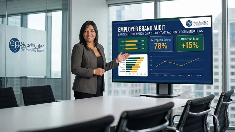 Employer brand audit presentation showing candidate perception data and talent attraction strategy recommendations