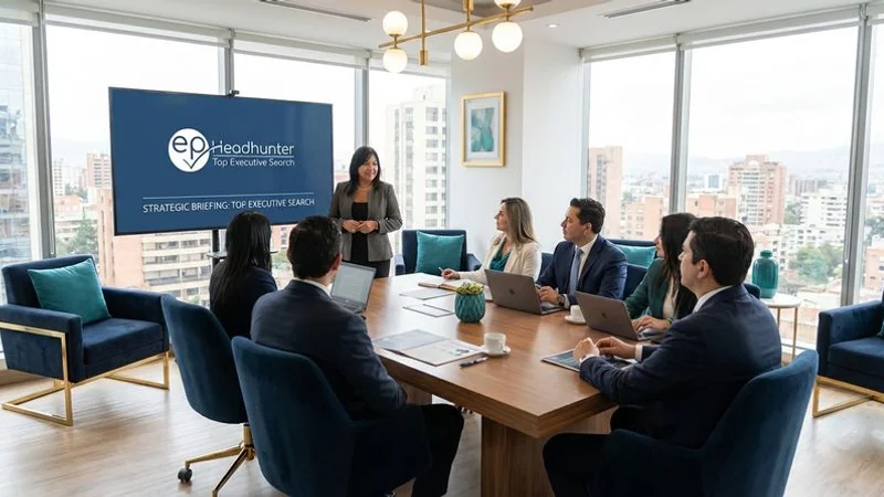 Executive search consultants conducting a strategic briefing session with corporate leadership team in a modern Bogota office environment