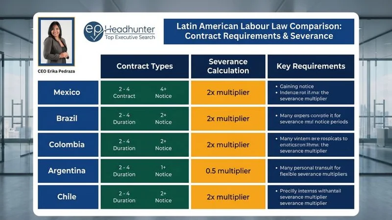 Latin American labour law comparison chart showing contract requirements and severance structures across key markets