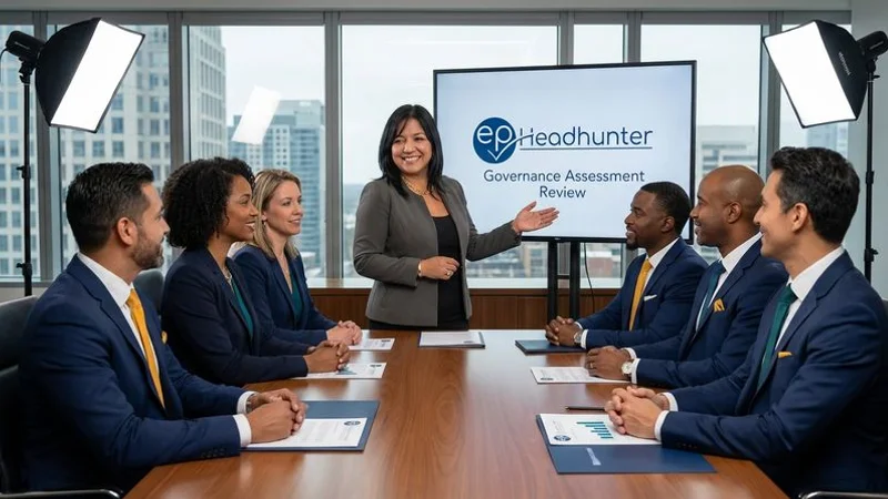 Professional board search consultants conducting a governance assessment review with nomination committee members in an executive meeting room