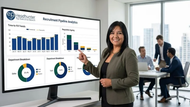 Recruitment pipeline analytics dashboard showing time-to-fill trends and requisition ageing metrics across departments