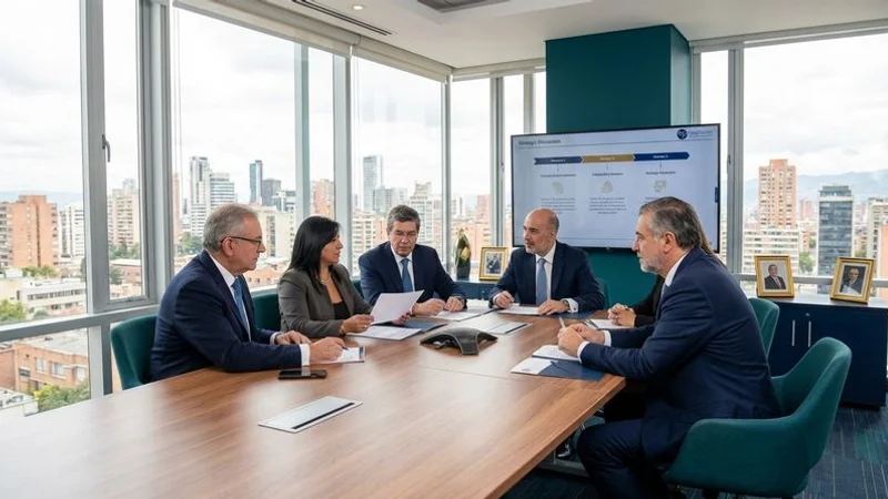 Senior business advisors and independent directors collaborating on strategic governance planning in a modern Colombian corporate setting