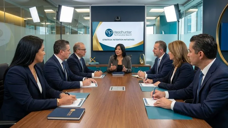 Senior executive leadership team in an engaged strategic discussion, representing retention and long-term commitment