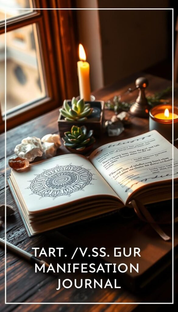 A beautifully crafted leather-bound journal lays open on a wooden table, its pages illuminated by warm, natural light streaming in through a window. The pages are adorned with hand-drawn mandalas, affirmations, and space to record thoughts and intentions. Crystals, a succulent plant, and a single lit candle create a serene, meditative atmosphere. The overall aesthetic is one of sophistication, spirituality, and intention, perfectly capturing the essence of starting a manifestation journal. A beautifully crafted leather-bound journal lays open on a wooden table, its pages illuminated by warm, natural light streaming in through a window. The pages are adorned with hand-drawn mandalas, affirmations, and space to record thoughts and intentions. Crystals, a succulent plant, and a single lit candle create a serene, meditative atmosphere. The overall aesthetic is one of sophistication, spirituality, and intention, perfectly capturing the essence of starting a manifestation journal.