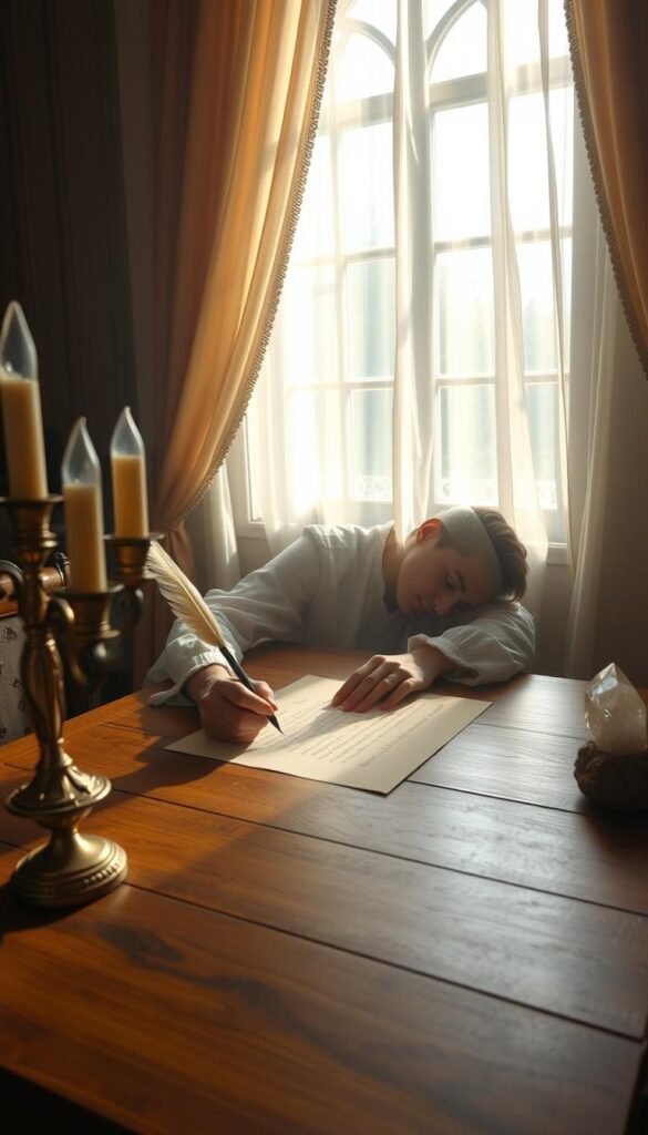 A brightly lit, ethereal scene of a person sitting at a wooden desk, meticulously scripting their goals and desires on parchment paper with a quill pen. Soft, diffused lighting filters through large windows, casting a warm, contemplative glow. Delicate, translucent drapes billow gently, hinting at a serene, spiritual atmosphere. Ornate candelabras and crystals adorn the desk, imbuing the space with a sense of mysticism. The figure's face is obscured, allowing the viewer to project themselves into the scene, visualizing their own manifestation journey. The overall composition radiates a sense of focus, intention, and the power of the written word to transform one's reality. A brightly lit, ethereal scene of a person sitting at a wooden desk, meticulously scripting their goals and desires on parchment paper with a quill pen. Soft, diffused lighting filters through large windows, casting a warm, contemplative glow. Delicate, translucent drapes billow gently, hinting at a serene, spiritual atmosphere. Ornate candelabras and crystals adorn the desk, imbuing the space with a sense of mysticism. The figure's face is obscured, allowing the viewer to project themselves into the scene, visualizing their own manifestation journey. The overall composition radiates a sense of focus, intention, and the power of the written word to transform one's reality.