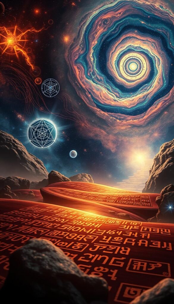 A captivating cosmic tapestry of ancient Babylonian numerology, illuminated by a mystical glow. In the foreground, intricate cuneiform symbols dance across a canvas of rich, saturated hues, hinting at the esoteric knowledge of the past. The middle ground features celestial orbs and geometric patterns, representing the interconnectedness of the universe and the sacred nature of numbers. In the distant background, a swirling galaxy serves as a backdrop, evoking the timeless, transcendent nature of this ancient wisdom. The scene is bathed in a warm, spiritual light, inviting the viewer to delve into the profound depths of this timeless tradition. A captivating cosmic tapestry of ancient Babylonian numerology, illuminated by a mystical glow. In the foreground, intricate cuneiform symbols dance across a canvas of rich, saturated hues, hinting at the esoteric knowledge of the past. The middle ground features celestial orbs and geometric patterns, representing the interconnectedness of the universe and the sacred nature of numbers. In the distant background, a swirling galaxy serves as a backdrop, evoking the timeless, transcendent nature of this ancient wisdom. The scene is bathed in a warm, spiritual light, inviting the viewer to delve into the profound depths of this timeless tradition.