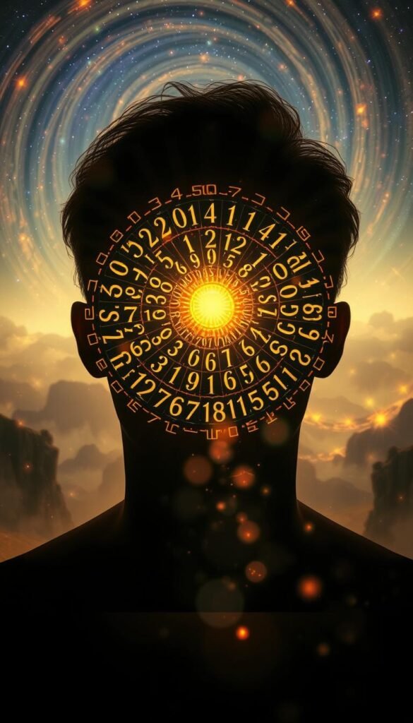 A captivating scene of spiritual awakening, where a person's vision is illuminated by a dynamic display of repeating numerical patterns. In the foreground, their gaze is fixed on a mesmerizing kaleidoscope of numbers, cascading and intertwining, casting a warm, ethereal glow. In the middle ground, the surroundings fade into a hazy, dreamlike realm, the boundaries between the physical and metaphysical blurred. In the background, a celestial backdrop of swirling stars and cosmic energy sets the stage for this profound, transcendent experience. The lighting is soft and diffused, creating a sense of mysticism and introspection. The composition is balanced, drawing the viewer's attention to the central focus of the repeating numbers, symbolizing the spiritual significance of these enigmatic patterns. A captivating scene of spiritual awakening, where a person's vision is illuminated by a dynamic display of repeating numerical patterns. In the foreground, their gaze is fixed on a mesmerizing kaleidoscope of numbers, cascading and intertwining, casting a warm, ethereal glow. In the middle ground, the surroundings fade into a hazy, dreamlike realm, the boundaries between the physical and metaphysical blurred. In the background, a celestial backdrop of swirling stars and cosmic energy sets the stage for this profound, transcendent experience. The lighting is soft and diffused, creating a sense of mysticism and introspection. The composition is balanced, drawing the viewer's attention to the central focus of the repeating numbers, symbolizing the spiritual significance of these enigmatic patterns.