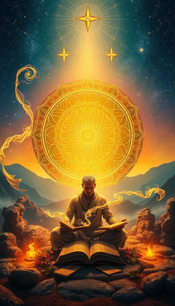 A colorful and spiritual interpretation of the history of numerology. In the foreground, a mystic figure sits cross-legged, hands resting on ancient tomes and scrolls. Swirling energy flows around them, representing the esoteric knowledge of numbers and their symbolic powers. In the middle ground, a golden mandala unfolds, its intricate patterns echoing the sacred geometries at the heart of numerological systems. The background depicts a starry, ethereal landscape, hinting at the cosmic connections numerology explores. Warm lighting casts a reverent glow, while a sense of timelessness pervades the scene, capturing the enduring legacy of this ancient divination practice. A colorful and spiritual interpretation of the history of numerology. In the foreground, a mystic figure sits cross-legged, hands resting on ancient tomes and scrolls. Swirling energy flows around them, representing the esoteric knowledge of numbers and their symbolic powers. In the middle ground, a golden mandala unfolds, its intricate patterns echoing the sacred geometries at the heart of numerological systems. The background depicts a starry, ethereal landscape, hinting at the cosmic connections numerology explores. Warm lighting casts a reverent glow, while a sense of timelessness pervades the scene, capturing the enduring legacy of this ancient divination practice.