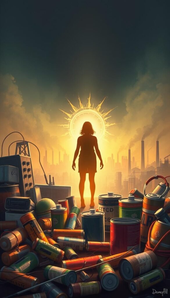 A colorful, spiritual style illustration depicting common sources of heavy metal exposure. In the foreground, a selection of household items like batteries, electronics, and old paint cans. In the middle ground, a human figure silhouetted in an ethereal glow, representing the potential toxicity of these everyday objects. In the background, a hazy cityscape with smokestacks and industrial machinery, signifying environmental pollution. The lighting is warm and atmospheric, with soft shadows and a sense of mysticism. The overall composition is balanced and visually striking, drawing the viewer's attention to the hidden dangers of heavy metal contamination. A colorful, spiritual style illustration depicting common sources of heavy metal exposure. In the foreground, a selection of household items like batteries, electronics, and old paint cans. In the middle ground, a human figure silhouetted in an ethereal glow, representing the potential toxicity of these everyday objects. In the background, a hazy cityscape with smokestacks and industrial machinery, signifying environmental pollution. The lighting is warm and atmospheric, with soft shadows and a sense of mysticism. The overall composition is balanced and visually striking, drawing the viewer's attention to the hidden dangers of heavy metal contamination.