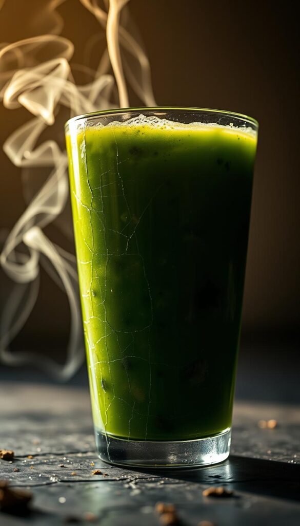 A detailed close-up of a glass tumbler filled with a thick, murky green liquid, representing the risks and drawbacks of juice cleanses. Backlit by soft, warm lighting that casts shadows, creating an ominous, cautionary atmosphere. The liquid appears sludgy and unappetizing, with visible particles and impurities floating in it. The glass has a cracked, weathered surface, symbolizing the potential harm of such restrictive dietary practices. The scene is captured from a low angle, emphasizing the unsettling nature of the contents. Spiritual, mystical elements like ethereal wisps of smoke or energy swirls add an air of caution and foreboding to the image. A detailed close-up of a glass tumbler filled with a thick, murky green liquid, representing the risks and drawbacks of juice cleanses. Backlit by soft, warm lighting that casts shadows, creating an ominous, cautionary atmosphere. The liquid appears sludgy and unappetizing, with visible particles and impurities floating in it. The glass has a cracked, weathered surface, symbolizing the potential harm of such restrictive dietary practices. The scene is captured from a low angle, emphasizing the unsettling nature of the contents. Spiritual, mystical elements like ethereal wisps of smoke or energy swirls add an air of caution and foreboding to the image.