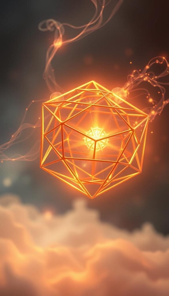 A detailed, glowing metatron cube in a serene, mystical atmosphere. The intricate geometric shape is rendered in warm, vibrant hues, creating a sense of spiritual power and divine energy. The cube hovers in a tranquil, ethereal space, bathed in a soft, otherworldly light that accentuates its sacred geometry. Wispy, translucent tendrils of energy emanate from the cube, hinting at its deep metaphysical significance. The overall composition conveys a sense of harmony, balance, and the interconnectedness of all things, reflecting the profound symbolism of Metatron's Cube. A detailed, glowing metatron cube in a serene, mystical atmosphere. The intricate geometric shape is rendered in warm, vibrant hues, creating a sense of spiritual power and divine energy. The cube hovers in a tranquil, ethereal space, bathed in a soft, otherworldly light that accentuates its sacred geometry. Wispy, translucent tendrils of energy emanate from the cube, hinting at its deep metaphysical significance. The overall composition conveys a sense of harmony, balance, and the interconnectedness of all things, reflecting the profound symbolism of Metatron's Cube.