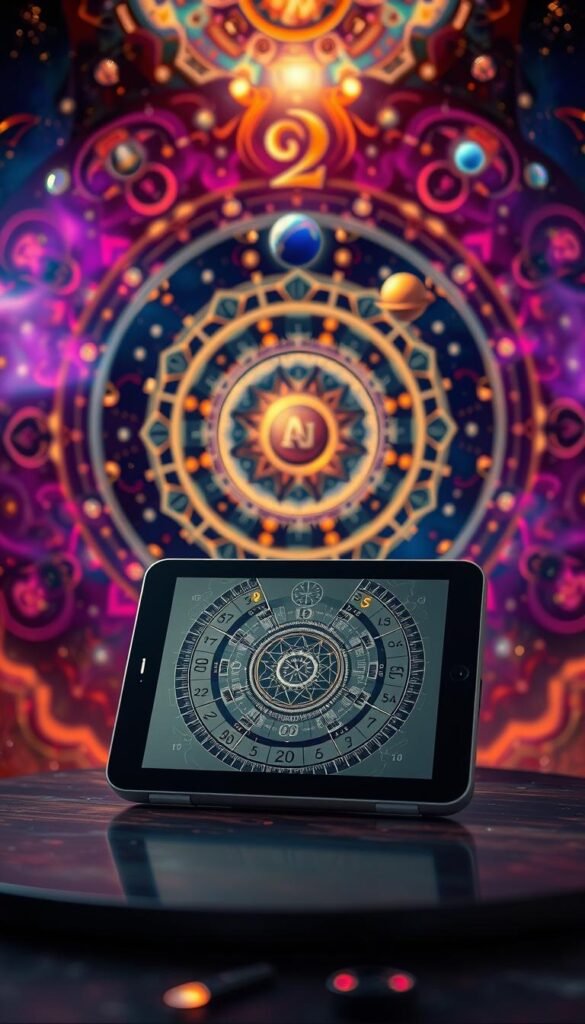 A detailed numerology chart calculator set against a vibrant, ethereal backdrop. In the foreground, a sleek, modern device displays intricate numerical patterns and mystic symbols, its screen illuminated by a soft, warm glow. The middle ground features a celestial arrangement of planets, stars, and cosmic swirls, hinting at the profound connections between the human experience and the mysteries of the universe. In the background, a kaleidoscope of rich, jewel-toned hues swirl and blend, creating a sense of mysticism and spiritual enlightenment. The overall composition evokes a harmonious balance between technology, astrology, and the profound insights of numerology, guiding the viewer on a journey of self-discovery and karmic understanding. A detailed numerology chart calculator set against a vibrant, ethereal backdrop. In the foreground, a sleek, modern device displays intricate numerical patterns and mystic symbols, its screen illuminated by a soft, warm glow. The middle ground features a celestial arrangement of planets, stars, and cosmic swirls, hinting at the profound connections between the human experience and the mysteries of the universe. In the background, a kaleidoscope of rich, jewel-toned hues swirl and blend, creating a sense of mysticism and spiritual enlightenment. The overall composition evokes a harmonious balance between technology, astrology, and the profound insights of numerology, guiding the viewer on a journey of self-discovery and karmic understanding.