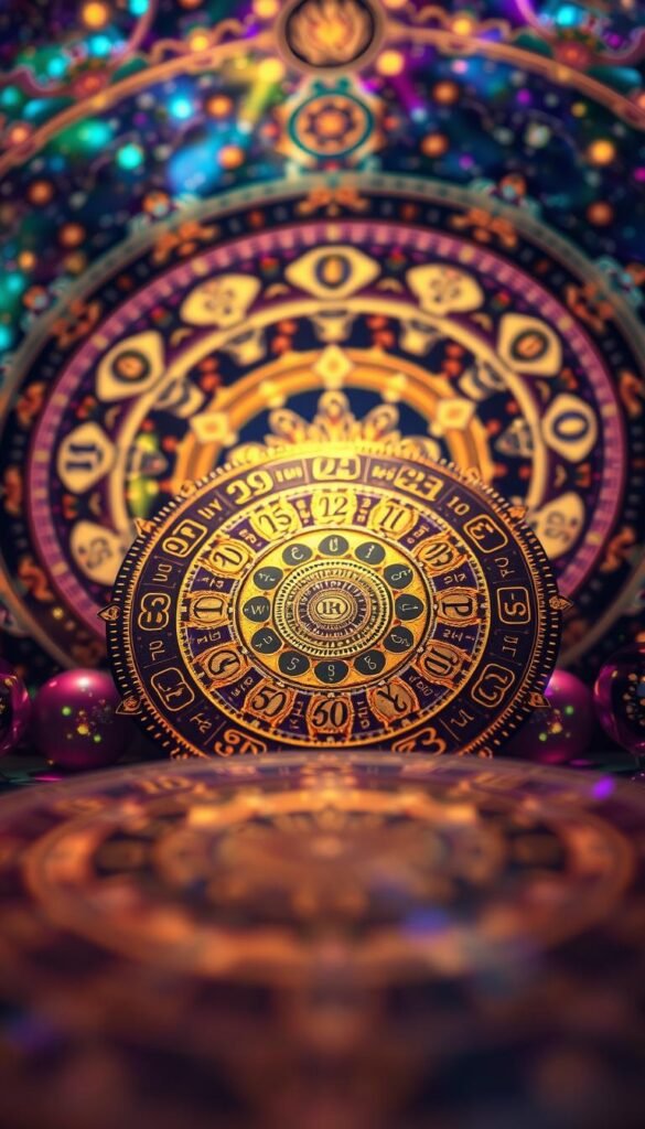 A detailed numerology chart set against a vibrant, ethereal backdrop. In the foreground, a circular mandala of numbers and symbols, rendered in shimmering gold and iridescent hues. The middle ground features a constellation of celestial motifs - stars, planets, and mystic sigils - all bathed in a warm, glowing light. In the background, a kaleidoscopic swirl of colors and patterns, evoking a sense of cosmic energy and personal transformation. The lighting is soft and diffused, creating an atmosphere of introspection and spiritual connection. Capture this scene with a wide-angle lens to emphasize the sense of depth and expansiveness, inviting the viewer to explore the insights and potentials held within the numerological chart. A detailed numerology chart set against a vibrant, ethereal backdrop. In the foreground, a circular mandala of numbers and symbols, rendered in shimmering gold and iridescent hues. The middle ground features a constellation of celestial motifs - stars, planets, and mystic sigils - all bathed in a warm, glowing light. In the background, a kaleidoscopic swirl of colors and patterns, evoking a sense of cosmic energy and personal transformation. The lighting is soft and diffused, creating an atmosphere of introspection and spiritual connection. Capture this scene with a wide-angle lens to emphasize the sense of depth and expansiveness, inviting the viewer to explore the insights and potentials held within the numerological chart.