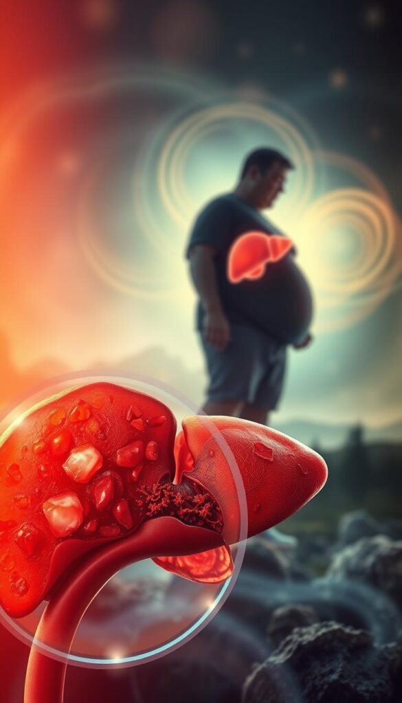 A detailed, vibrant composition depicting the underlying connection between obesity and liver health. In the foreground, a magnified cross-section of a diseased liver, its cells inflamed and fatty deposits visible. The middle ground showcases an overweight human figure, their silhouette suggestive of the excess weight burdening the internal organs. The background features a hazy, ethereal landscape with swirling energies, symbolizing the complex interplay of lifestyle, biology, and wellbeing. The lighting is warm and dreamlike, evoking a sense of introspection. The overall style is rich, spiritual, and visually captivating, drawing the viewer into the nuanced relationship between physical condition and inner health. A detailed, vibrant composition depicting the underlying connection between obesity and liver health. In the foreground, a magnified cross-section of a diseased liver, its cells inflamed and fatty deposits visible. The middle ground showcases an overweight human figure, their silhouette suggestive of the excess weight burdening the internal organs. The background features a hazy, ethereal landscape with swirling energies, symbolizing the complex interplay of lifestyle, biology, and wellbeing. The lighting is warm and dreamlike, evoking a sense of introspection. The overall style is rich, spiritual, and visually captivating, drawing the viewer into the nuanced relationship between physical condition and inner health.