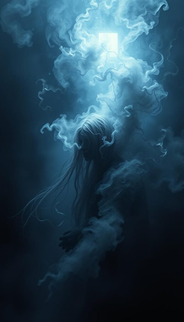 A dimly lit ethereal realm, where the boundaries between life and death blur. In the foreground, a figure wreathed in swirling mists, their face obscured, a sense of mystery and introspection permeating the scene. Surrounding them, abstract shapes and forms in shimmering hues of blues, purples, and grays, suggesting the subconscious and the workings of the mind. In the distance, a faint glimmer of light, hinting at a gateway to another plane of existence. The atmosphere is one of contemplation, as if inviting the viewer to ponder the nature of dreams and their connection to the realm of the departed. Dramatic lighting casts dramatic shadows, adding depth and a sense of the profound to the composition. A dimly lit ethereal realm, where the boundaries between life and death blur. In the foreground, a figure wreathed in swirling mists, their face obscured, a sense of mystery and introspection permeating the scene. Surrounding them, abstract shapes and forms in shimmering hues of blues, purples, and grays, suggesting the subconscious and the workings of the mind. In the distance, a faint glimmer of light, hinting at a gateway to another plane of existence. The atmosphere is one of contemplation, as if inviting the viewer to ponder the nature of dreams and their connection to the realm of the departed. Dramatic lighting casts dramatic shadows, adding depth and a sense of the profound to the composition.