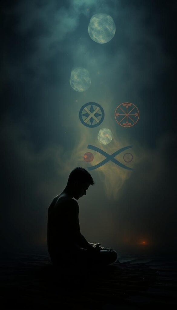A dimly lit, introspective scene depicting the psychological impact of rituals. In the foreground, a person sits cross-legged, their face obscured, engrossed in a meditative ritual. Soft, warm lighting bathes the scene, creating an atmosphere of introspection and spiritual contemplation. In the middle ground, abstract symbolic shapes and patterns swirl, representing the subconscious energies and internal transformations triggered by the ritual. The background is shrouded in a hazy, ethereal mist, suggesting the unseen realm of the psyche. The overall composition conveys a sense of profound personal growth, emotional catharsis, and the powerful connection between the physical and the metaphysical. A dimly lit, introspective scene depicting the psychological impact of rituals. In the foreground, a person sits cross-legged, their face obscured, engrossed in a meditative ritual. Soft, warm lighting bathes the scene, creating an atmosphere of introspection and spiritual contemplation. In the middle ground, abstract symbolic shapes and patterns swirl, representing the subconscious energies and internal transformations triggered by the ritual. The background is shrouded in a hazy, ethereal mist, suggesting the unseen realm of the psyche. The overall composition conveys a sense of profound personal growth, emotional catharsis, and the powerful connection between the physical and the metaphysical.