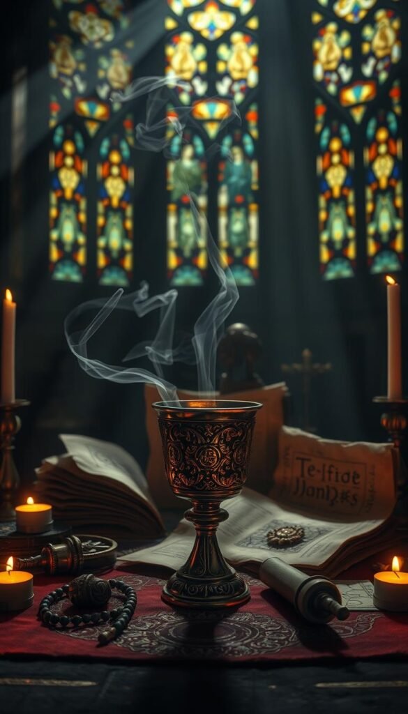 A dimly lit sanctuary, ornate symbols and artifacts scattered across an altar. Incense spirals upwards, casting a warm, mystical glow. In the foreground, a ceremonial chalice reflects the flickering candlelight, its intricate carvings casting intricate shadows. Behind it, ancient parchments unfurl, their pages bearing esoteric markings. In the background, stained glass windows filter in muted rays of multicolored light, imbuing the scene with a sense of reverence and timelessness. The overall atmosphere is one of deep spirituality and the invocation of higher powers. A dimly lit sanctuary, ornate symbols and artifacts scattered across an altar. Incense spirals upwards, casting a warm, mystical glow. In the foreground, a ceremonial chalice reflects the flickering candlelight, its intricate carvings casting intricate shadows. Behind it, ancient parchments unfurl, their pages bearing esoteric markings. In the background, stained glass windows filter in muted rays of multicolored light, imbuing the scene with a sense of reverence and timelessness. The overall atmosphere is one of deep spirituality and the invocation of higher powers.