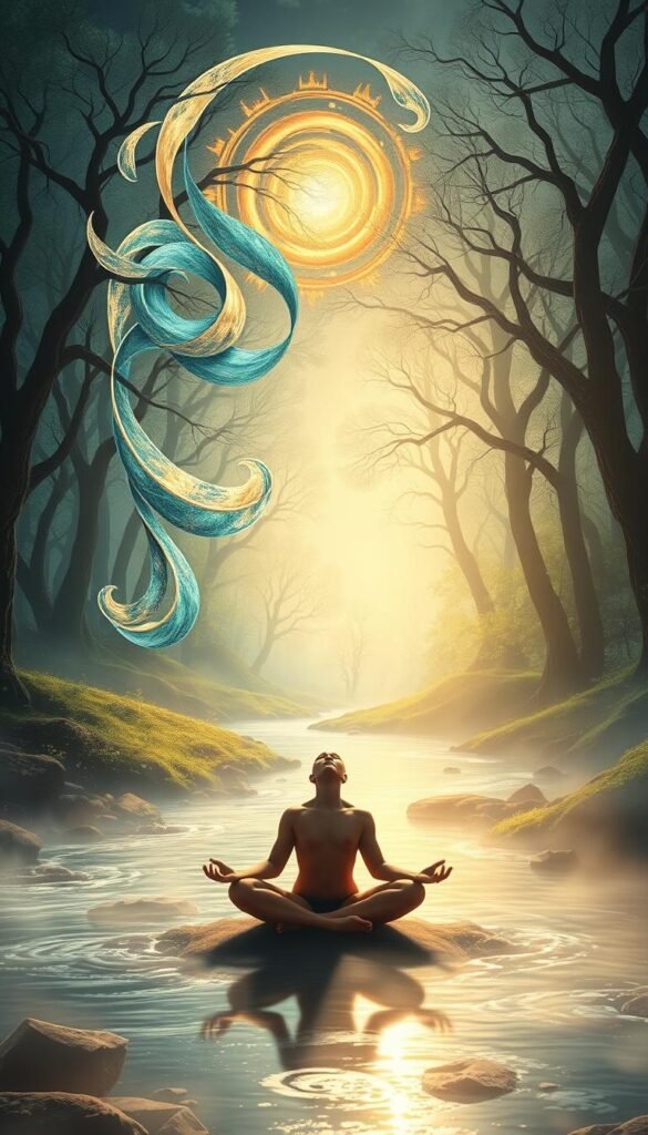 A dreamlike landscape bathed in soft, warm light. In the foreground, a serene figure sits cross-legged, their eyes closed in meditation. Swirling, abstract forms in shimmering hues of blue, green, and gold dance around them, symbolizing the subconscious mind and the interconnectedness of physical, emotional, and spiritual well-being. In the middle ground, a gently flowing stream reflects the sky above, creating a sense of balance and tranquility. The background features a mystical, otherworldly forest, the trees' branches intertwined like the threads of a tapestry. An overall atmosphere of harmony, introspection, and the healing power of dreams. A dreamlike landscape bathed in soft, warm light. In the foreground, a serene figure sits cross-legged, their eyes closed in meditation. Swirling, abstract forms in shimmering hues of blue, green, and gold dance around them, symbolizing the subconscious mind and the interconnectedness of physical, emotional, and spiritual well-being. In the middle ground, a gently flowing stream reflects the sky above, creating a sense of balance and tranquility. The background features a mystical, otherworldly forest, the trees' branches intertwined like the threads of a tapestry. An overall atmosphere of harmony, introspection, and the healing power of dreams.
