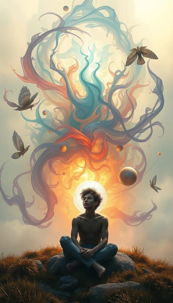 A dreamlike landscape with a figure sitting in contemplation, surrounded by ethereal wisps of color and symbolic imagery. The foreground features the central figure, their face expressing a range of emotions - wonder, introspection, and a sense of connection to the subconscious. The middle ground showcases abstract, swirling shapes and forms in a spectrum of jewel-toned hues, evoking the fluid, ambiguous nature of dreams. The background is a soft, hazy expanse of subtly shifting gradients, creating an atmosphere of mystery and the unknown. Lighting is soft and diffused, adding to the introspective, spiritual quality of the scene. The overall composition and style reflect the profound role of emotions in the interpretation of dream symbolism. A dreamlike landscape with a figure sitting in contemplation, surrounded by ethereal wisps of color and symbolic imagery. The foreground features the central figure, their face expressing a range of emotions - wonder, introspection, and a sense of connection to the subconscious. The middle ground showcases abstract, swirling shapes and forms in a spectrum of jewel-toned hues, evoking the fluid, ambiguous nature of dreams. The background is a soft, hazy expanse of subtly shifting gradients, creating an atmosphere of mystery and the unknown. Lighting is soft and diffused, adding to the introspective, spiritual quality of the scene. The overall composition and style reflect the profound role of emotions in the interpretation of dream symbolism.