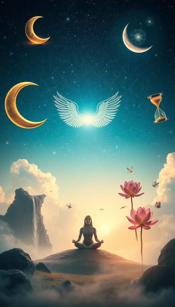 A dreamlike landscape with surreal, spiritual symbols floating in the air. An ethereal atmosphere with soft, warm lighting illuminating the scene. In the foreground, a collection of common dream symbols - a crescent moon, a winged hourglass, a cascading waterfall, a blooming lotus flower - each imbued with a sense of mystical significance. The middle ground features a serene, meditative figure in a cross-legged pose, surrounded by a shimmering, ethereal aura. In the background, a vast, starry sky stretches out, hinting at the boundless realm of the subconscious. The overall composition conveys a sense of contemplation, insight, and the profound connections between the conscious and unconscious mind. A dreamlike landscape with surreal, spiritual symbols floating in the air. An ethereal atmosphere with soft, warm lighting illuminating the scene. In the foreground, a collection of common dream symbols - a crescent moon, a winged hourglass, a cascading waterfall, a blooming lotus flower - each imbued with a sense of mystical significance. The middle ground features a serene, meditative figure in a cross-legged pose, surrounded by a shimmering, ethereal aura. In the background, a vast, starry sky stretches out, hinting at the boundless realm of the subconscious. The overall composition conveys a sense of contemplation, insight, and the profound connections between the conscious and unconscious mind.