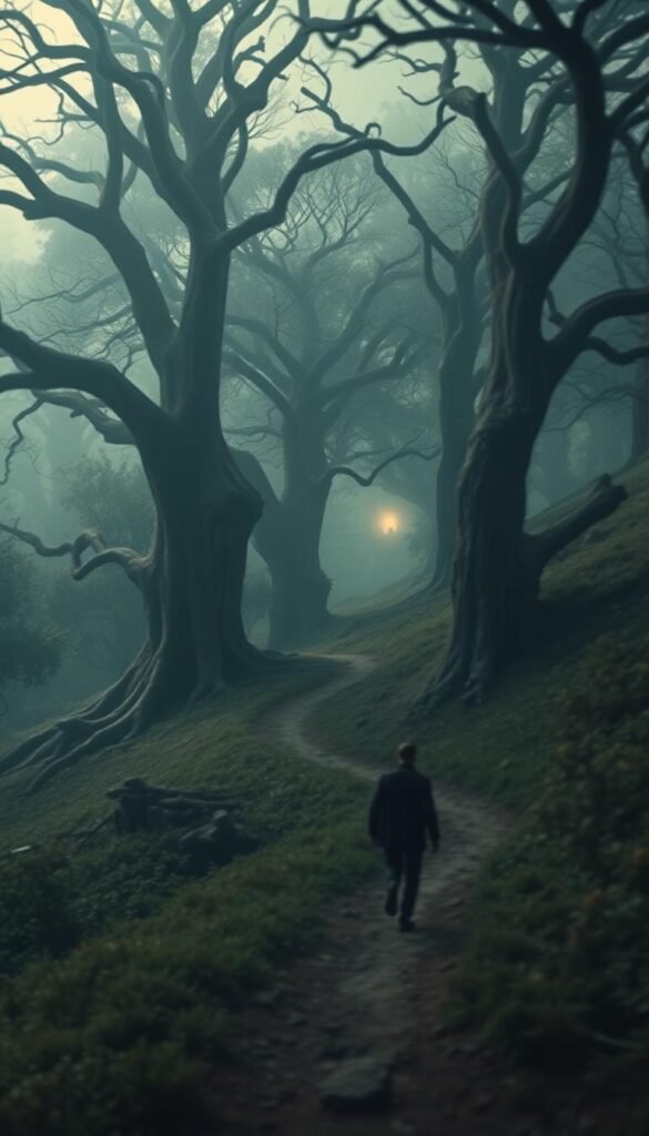 A dreamscape landscape with a winding path leading through a lush, verdant forest. In the foreground, a figure appears to be running or chasing something, their movements blurred and ephemeral. The middle ground is filled with towering, ancient trees with twisted, gnarled branches, casting deep shadows across the scene. In the distance, a faint light glimmers, hinting at a mysterious, otherworldly realm beyond. The overall atmosphere is one of psychological introspection, with a sense of unease and the unknown. Warm, muted tones and soft, diffused lighting create a contemplative, introspective mood. Cinematic camera angle, highlighting the sense of depth and the figure's emotional journey. A dreamscape landscape with a winding path leading through a lush, verdant forest. In the foreground, a figure appears to be running or chasing something, their movements blurred and ephemeral. The middle ground is filled with towering, ancient trees with twisted, gnarled branches, casting deep shadows across the scene. In the distance, a faint light glimmers, hinting at a mysterious, otherworldly realm beyond. The overall atmosphere is one of psychological introspection, with a sense of unease and the unknown. Warm, muted tones and soft, diffused lighting create a contemplative, introspective mood. Cinematic camera angle, highlighting the sense of depth and the figure's emotional journey.