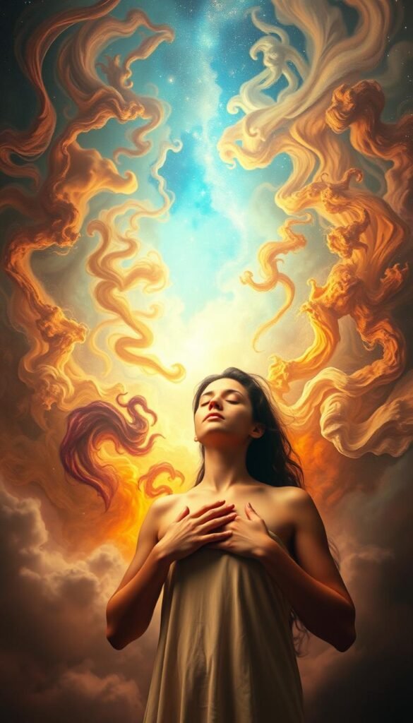 A dreamscape of emotional processing, a surreal canvas where the subconscious unravels. In the foreground, a figure emerges, eyes closed, hands gently resting on the chest, signifying a journey inward. Swirling colors and ethereal textures form the middle ground, representing the ebb and flow of emotions. In the background, a hazy, starlit sky suggests the expansive realm of the dream state, where the mind unfolds its mysteries. Soft, warm lighting illuminates the scene, casting a serene, contemplative atmosphere. Captured through a wide-angle lens, the composition invites the viewer to immerse themselves in this introspective, spiritual exploration of the self. A dreamscape of emotional processing, a surreal canvas where the subconscious unravels. In the foreground, a figure emerges, eyes closed, hands gently resting on the chest, signifying a journey inward. Swirling colors and ethereal textures form the middle ground, representing the ebb and flow of emotions. In the background, a hazy, starlit sky suggests the expansive realm of the dream state, where the mind unfolds its mysteries. Soft, warm lighting illuminates the scene, casting a serene, contemplative atmosphere. Captured through a wide-angle lens, the composition invites the viewer to immerse themselves in this introspective, spiritual exploration of the self.