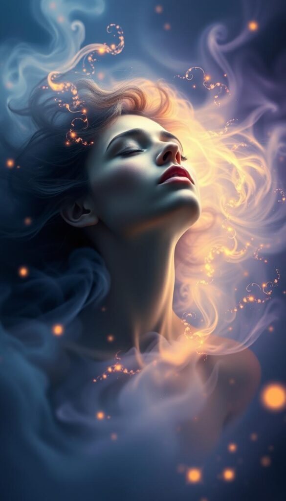 A dreamscape of ethereal energy, a human figure emerges from swirling mists, eyes closed in deep contemplation. Celestial hues of indigo, violet, and gold cascade across the scene, casting a celestial glow upon the figure. Delicate wisps of light dance around, reflecting the subject's precognitive state. The background shifts and blurs, creating a sense of timelessness and transcendence. Soft, diffused lighting illuminates the figure's serene expression, hinting at the profound insights flowing through the mind. Atmospheric and mystical, the image conveys the profound nature of prophetic and precognitive dreams. A dreamscape of ethereal energy, a human figure emerges from swirling mists, eyes closed in deep contemplation. Celestial hues of indigo, violet, and gold cascade across the scene, casting a celestial glow upon the figure. Delicate wisps of light dance around, reflecting the subject's precognitive state. The background shifts and blurs, creating a sense of timelessness and transcendence. Soft, diffused lighting illuminates the figure's serene expression, hinting at the profound insights flowing through the mind. Atmospheric and mystical, the image conveys the profound nature of prophetic and precognitive dreams.