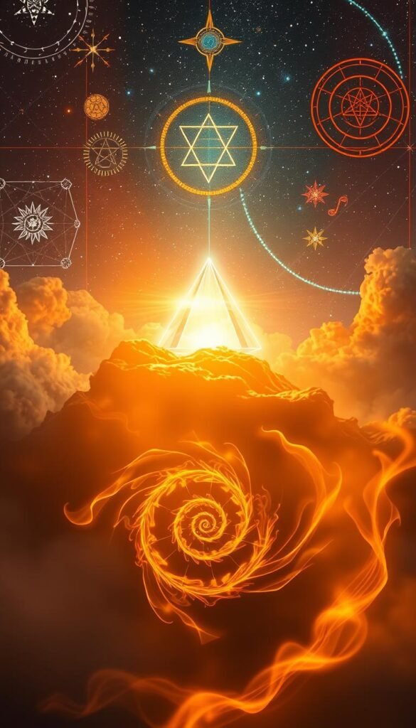 A dreamscape of metaphysical symbols and archetypal imagery, bathed in warm, ethereal light. In the foreground, a spiral motif symbolizes the cyclical nature of recurring dreams, with wisps of energy radiating outward. In the middle ground, a glowing prism refracts light into a spectrum of intuitive insights, hinting at the hidden meanings within the subconscious. The background depicts a starry night sky, suggesting the vast, mysterious realm of the unconscious mind. Mystical sigils and arcane geometric patterns float amidst the celestial expanse, representing the unseen forces that shape our recurring visions. A sense of introspection and spiritual contemplation permeates the scene, inviting the viewer to explore the origins of their own recurrent dreams. A dreamscape of metaphysical symbols and archetypal imagery, bathed in warm, ethereal light. In the foreground, a spiral motif symbolizes the cyclical nature of recurring dreams, with wisps of energy radiating outward. In the middle ground, a glowing prism refracts light into a spectrum of intuitive insights, hinting at the hidden meanings within the subconscious. The background depicts a starry night sky, suggesting the vast, mysterious realm of the unconscious mind. Mystical sigils and arcane geometric patterns float amidst the celestial expanse, representing the unseen forces that shape our recurring visions. A sense of introspection and spiritual contemplation permeates the scene, inviting the viewer to explore the origins of their own recurrent dreams.