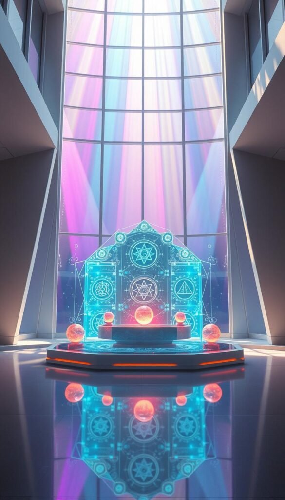 A futuristic digital altar, adorned with holographic symbols and glowing orbs, stands against a backdrop of sleek, minimalist architecture. Rays of multicolored light filter through floor-to-ceiling windows, casting a mystical glow over the scene. Amidst the technological elements, a sense of reverence and connection to the ethereal pervades, as virtual rituals and digital meditations unfold, blending the physical and the digital realms. The image conveys a modern interpretation of sacred practices, where technology and spirituality coexist in a harmonious, visually captivating display. A futuristic digital altar, adorned with holographic symbols and glowing orbs, stands against a backdrop of sleek, minimalist architecture. Rays of multicolored light filter through floor-to-ceiling windows, casting a mystical glow over the scene. Amidst the technological elements, a sense of reverence and connection to the ethereal pervades, as virtual rituals and digital meditations unfold, blending the physical and the digital realms. The image conveys a modern interpretation of sacred practices, where technology and spirituality coexist in a harmonious, visually captivating display.