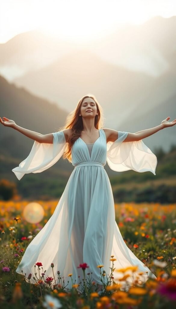 A graceful woman in a flowing white dress, her arms outstretched, stands in a field of vibrant wildflowers, the warm sun illuminating her serene expression. In the background, a misty mountain range rises, bathed in a soft, ethereal light. The scene exudes a sense of inner alignment, balance, and openness to the divine. Delicate bokeh effects gently blur the edges, creating an atmospheric, dreamlike quality. Captured with a wide-angle lens, the composition emphasizes the harmony between the figure and the natural world. A graceful woman in a flowing white dress, her arms outstretched, stands in a field of vibrant wildflowers, the warm sun illuminating her serene expression. In the background, a misty mountain range rises, bathed in a soft, ethereal light. The scene exudes a sense of inner alignment, balance, and openness to the divine. Delicate bokeh effects gently blur the edges, creating an atmospheric, dreamlike quality. Captured with a wide-angle lens, the composition emphasizes the harmony between the figure and the natural world.