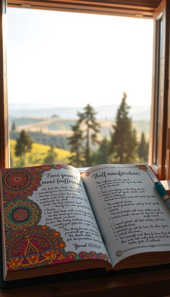 A hand-drawn journal with a vibrant cover adorned with intricate mandala patterns, shimmering gold accents, and a mix of colorful crystals and gemstones. The pages inside reveal thoughtful manifestation prompts, each one beautifully calligraphed in a flowing, spiritual script. Soft natural light filters through an open window, casting a warm, ethereal glow over the journal and its contents. In the background, a serene landscape of rolling hills, towering trees, and a clear, tranquil sky creates a calming, meditative atmosphere. The overall composition exudes a sense of inner reflection, intention, and the transformative power of manifestation journaling. A hand-drawn journal with a vibrant cover adorned with intricate mandala patterns, shimmering gold accents, and a mix of colorful crystals and gemstones. The pages inside reveal thoughtful manifestation prompts, each one beautifully calligraphed in a flowing, spiritual script. Soft natural light filters through an open window, casting a warm, ethereal glow over the journal and its contents. In the background, a serene landscape of rolling hills, towering trees, and a clear, tranquil sky creates a calming, meditative atmosphere. The overall composition exudes a sense of inner reflection, intention, and the transformative power of manifestation journaling.