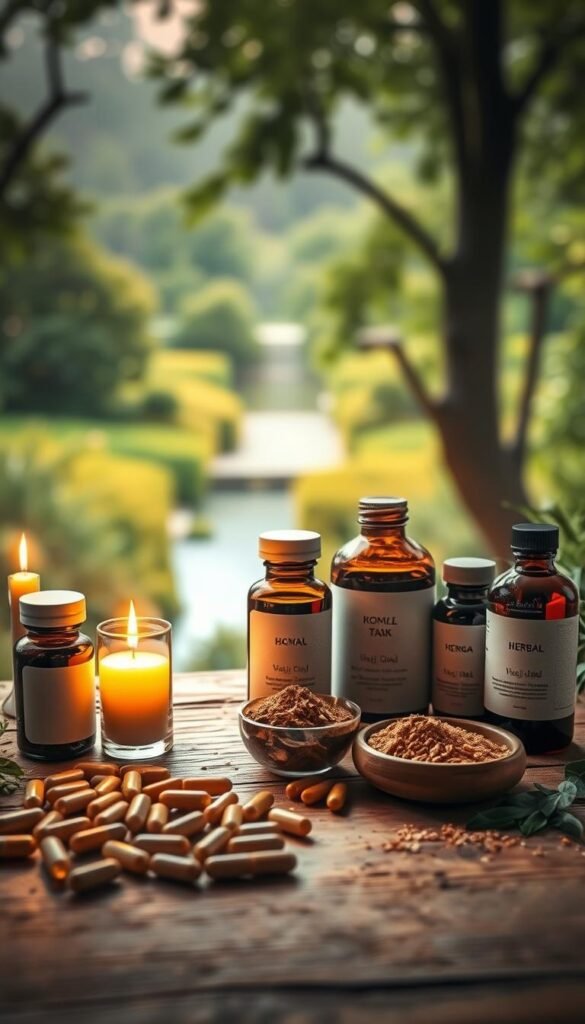 A harmonious arrangement of natural supplements in a serene, candlelit environment. In the foreground, an assortment of herbal capsules, powders, and tinctures in earthy tones are carefully displayed on a wooden surface. The middle ground features a tranquil landscape with lush greenery and a calming river reflecting the warm, golden light. The background is a soft, hazy blur, creating a sense of balance and introspection. The overall mood is one of mindfulness, wellness, and a holistic approach to self-care. Soft, natural lighting illuminates the scene, capturing the essence of choosing the right detox supplements for a path to holistic health and balance. A harmonious arrangement of natural supplements in a serene, candlelit environment. In the foreground, an assortment of herbal capsules, powders, and tinctures in earthy tones are carefully displayed on a wooden surface. The middle ground features a tranquil landscape with lush greenery and a calming river reflecting the warm, golden light. The background is a soft, hazy blur, creating a sense of balance and introspection. The overall mood is one of mindfulness, wellness, and a holistic approach to self-care. Soft, natural lighting illuminates the scene, capturing the essence of choosing the right detox supplements for a path to holistic health and balance.