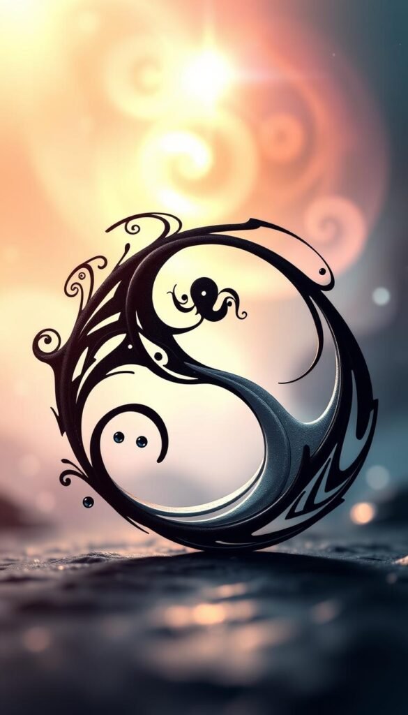 A harmonious composition of the iconic Yin Yang symbol, rendered in a vibrant, spiritual style. The symbol's contrasting black and white halves are portrayed with intricate, flowing lines and subtle gradients, creating a sense of balance and interconnectedness. The foreground features the Yin Yang in close-up, capturing its timeless elegance and symbolism. The middle ground showcases a hazy, ethereal backdrop of swirling energy, hinting at the deeper metaphysical significance. In the background, soft, celestial light bathes the scene, imbuing the image with a sense of tranquility and divine connection. The overall atmosphere evokes a meditative, contemplative mood, inviting the viewer to reflect on the harmony and duality inherent in everyday objects and the natural world. A harmonious composition of the iconic Yin Yang symbol, rendered in a vibrant, spiritual style. The symbol's contrasting black and white halves are portrayed with intricate, flowing lines and subtle gradients, creating a sense of balance and interconnectedness. The foreground features the Yin Yang in close-up, capturing its timeless elegance and symbolism. The middle ground showcases a hazy, ethereal backdrop of swirling energy, hinting at the deeper metaphysical significance. In the background, soft, celestial light bathes the scene, imbuing the image with a sense of tranquility and divine connection. The overall atmosphere evokes a meditative, contemplative mood, inviting the viewer to reflect on the harmony and duality inherent in everyday objects and the natural world.