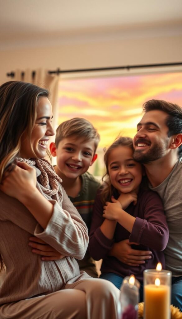 A joyful gathering of a loving family, their faces beaming with radiant blessings. In the warm, soft-lit foreground, a mother and father embrace their children, their eyes shining with gratitude and deep connection. The middle ground reveals a cozy, inviting living space, with subtle spiritual elements like candles and crystals adding an aura of tranquility. The background showcases a vibrant, ethereal landscape, hinting at the divine energies enveloping this sacred moment. Captured with a cinematic, slightly dreamlike lens, the image exudes a sense of profound serenity and the powerful blessing of family love. A joyful gathering of a loving family, their faces beaming with radiant blessings. In the warm, soft-lit foreground, a mother and father embrace their children, their eyes shining with gratitude and deep connection. The middle ground reveals a cozy, inviting living space, with subtle spiritual elements like candles and crystals adding an aura of tranquility. The background showcases a vibrant, ethereal landscape, hinting at the divine energies enveloping this sacred moment. Captured with a cinematic, slightly dreamlike lens, the image exudes a sense of profound serenity and the powerful blessing of family love.