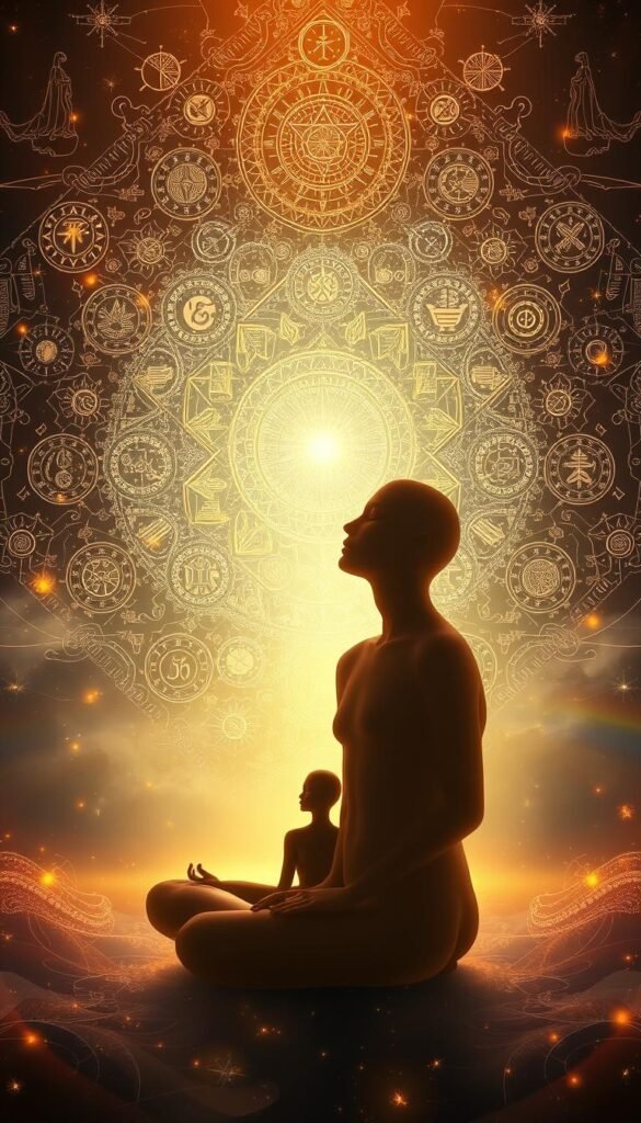 A luminous, ethereal visualization of the subconscious mind. In the foreground, a serene figure sits in a meditative pose, their eyes closed as they reflect inward. Surrounding them, intricate patterns and symbols swirl and dance, representing the complex web of beliefs, memories, and emotions that shape our self-perception. The middle ground features a glowing orb, a metaphor for the powerful potential to transform and transcend our limiting beliefs. The background is bathed in a warm, golden light, evoking a sense of spiritual enlightenment and inner peace. The overall composition conveys a sense of introspection, growth, and the power to reshape our reality. A luminous, ethereal visualization of the subconscious mind. In the foreground, a serene figure sits in a meditative pose, their eyes closed as they reflect inward. Surrounding them, intricate patterns and symbols swirl and dance, representing the complex web of beliefs, memories, and emotions that shape our self-perception. The middle ground features a glowing orb, a metaphor for the powerful potential to transform and transcend our limiting beliefs. The background is bathed in a warm, golden light, evoking a sense of spiritual enlightenment and inner peace. The overall composition conveys a sense of introspection, growth, and the power to reshape our reality.