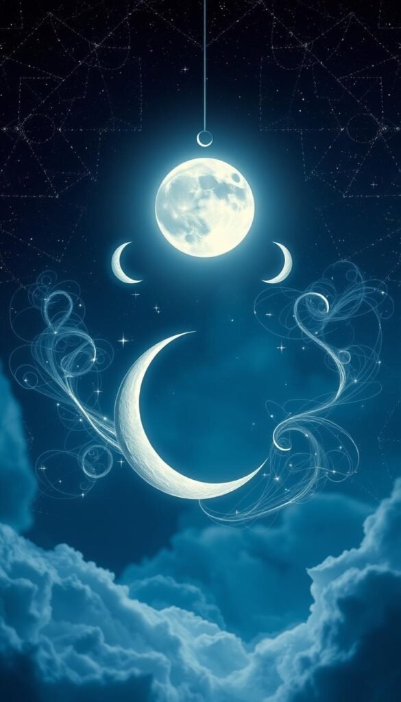 A luminous full moon hangs in a starry night sky, its ethereal glow casting a serene, silvery light across the dreamscape. In the foreground, a crescent moon and various lunar phases intertwine, forming a harmonious cycle that seems to pulsate with a captivating celestial rhythm. The scene is bathed in a soft, mystical ambiance, as if infused with the ancient wisdom of the cosmos. Swirling wisps of energy and cosmic patterns dance around the moons, creating a sense of otherworldly magic and synchronicity. The overall atmosphere is one of profound spiritual connection, inviting the viewer to align their personal intentions with the ebb and flow of the lunar cycle. A luminous full moon hangs in a starry night sky, its ethereal glow casting a serene, silvery light across the dreamscape. In the foreground, a crescent moon and various lunar phases intertwine, forming a harmonious cycle that seems to pulsate with a captivating celestial rhythm. The scene is bathed in a soft, mystical ambiance, as if infused with the ancient wisdom of the cosmos. Swirling wisps of energy and cosmic patterns dance around the moons, creating a sense of otherworldly magic and synchronicity. The overall atmosphere is one of profound spiritual connection, inviting the viewer to align their personal intentions with the ebb and flow of the lunar cycle.