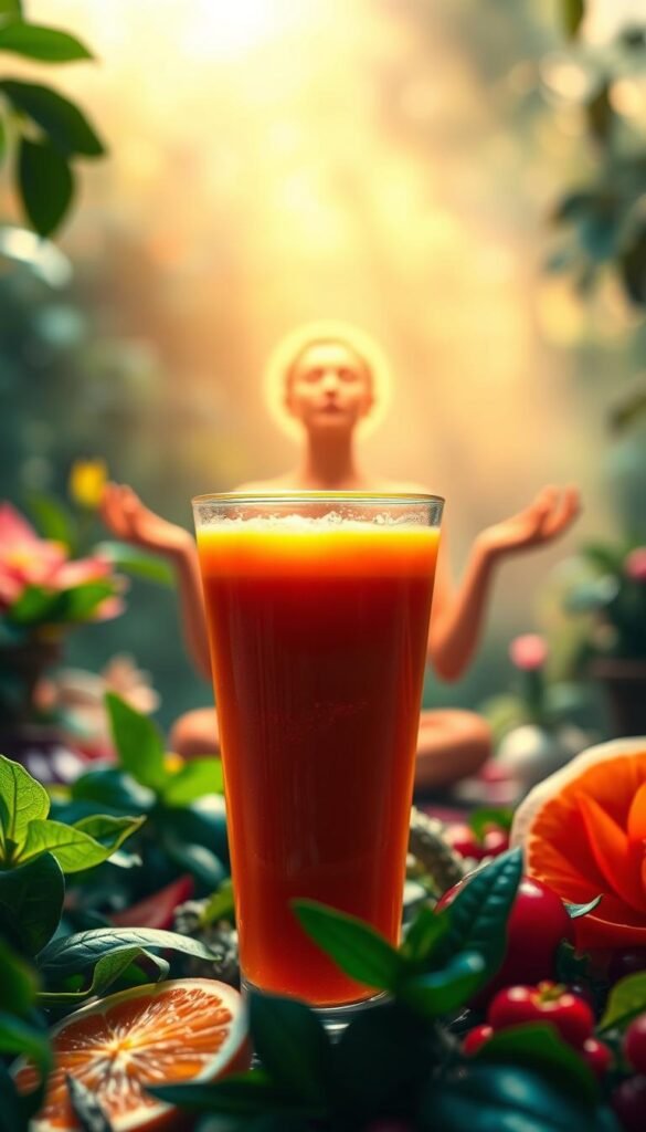A lush, vibrant juice cleanse scene. A glass beaming with nutrient-rich juices in the foreground, radiant hues of greens, oranges, and reds. In the middle ground, a serene, glowing figure basking in the goodness, eyes closed in tranquil meditation. The background blurred, a dreamlike spiritual landscape, soft light filtering through, enveloping the scene in a soothing, ethereal atmosphere. Hints of leaves, flora, and natural elements subtly present, emphasizing the nourishing, holistic benefits of the juice cleanse ritual. A sense of revitalization, inner peace, and spiritual connection permeates the image. A lush, vibrant juice cleanse scene. A glass beaming with nutrient-rich juices in the foreground, radiant hues of greens, oranges, and reds. In the middle ground, a serene, glowing figure basking in the goodness, eyes closed in tranquil meditation. The background blurred, a dreamlike spiritual landscape, soft light filtering through, enveloping the scene in a soothing, ethereal atmosphere. Hints of leaves, flora, and natural elements subtly present, emphasizing the nourishing, holistic benefits of the juice cleanse ritual. A sense of revitalization, inner peace, and spiritual connection permeates the image.