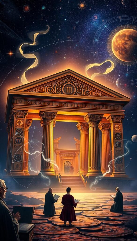 A majestic ancient temple set against a starry night sky, bathed in a warm, ethereal glow. In the foreground, intricate carvings and symbols adorn the temple walls, representing the rich historical roots of numerology. Wisps of mystical energy swirl around the structure, hinting at the profound spiritual significance of numbers. In the middle ground, a group of scholars and mystics pore over ancient texts, uncovering the secrets of numerical divination. The background is a tapestry of cosmic patterns, with celestial bodies and geometric shapes intertwining to create a mesmerizing, otherworldly atmosphere. Lighting is dramatic, with dramatic shadows and highlights accentuating the architectural details and the sense of mysticism. A majestic ancient temple set against a starry night sky, bathed in a warm, ethereal glow. In the foreground, intricate carvings and symbols adorn the temple walls, representing the rich historical roots of numerology. Wisps of mystical energy swirl around the structure, hinting at the profound spiritual significance of numbers. In the middle ground, a group of scholars and mystics pore over ancient texts, uncovering the secrets of numerical divination. The background is a tapestry of cosmic patterns, with celestial bodies and geometric shapes intertwining to create a mesmerizing, otherworldly atmosphere. Lighting is dramatic, with dramatic shadows and highlights accentuating the architectural details and the sense of mysticism.