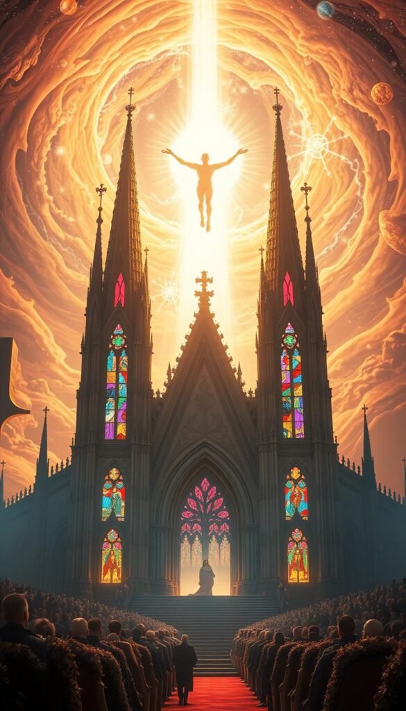 A majestic cathedral stands in the foreground, its stained-glass windows casting vibrant hues upon a devout congregation. In the middle ground, a glowing figure ascends towards the heavens, a divine aura radiating from its form. The background is a swirling, ethereal landscape, with celestial bodies and shimmering energy fields. The scene is bathed in a warm, golden light, evoking a sense of reverence and spiritual transcendence. The overall atmosphere is one of wonder, mysticism, and the profound connection between the earthly and the divine. A majestic cathedral stands in the foreground, its stained-glass windows casting vibrant hues upon a devout congregation. In the middle ground, a glowing figure ascends towards the heavens, a divine aura radiating from its form. The background is a swirling, ethereal landscape, with celestial bodies and shimmering energy fields. The scene is bathed in a warm, golden light, evoking a sense of reverence and spiritual transcendence. The overall atmosphere is one of wonder, mysticism, and the profound connection between the earthly and the divine.