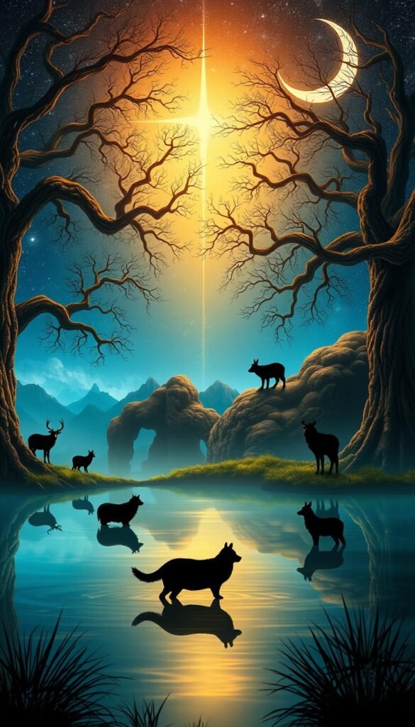 A majestic dream landscape, where the veil between the conscious and subconscious worlds is lifted. In the foreground, a serene pond reflects the silhouettes of animals, each representing a symbolic aspect of the dreamer's psyche. Towering trees with gnarled branches frame the scene, casting a warm, ethereal glow. Overhead, a starry night sky and crescent moon bathe the scene in a mystical light. The mood is contemplative, inviting the viewer to ponder the deeper meanings hidden within the animals' presence. Rendered in a vibrant, spiritual style, this image evokes a sense of wonder and the exploration of the subconscious. A majestic dream landscape, where the veil between the conscious and subconscious worlds is lifted. In the foreground, a serene pond reflects the silhouettes of animals, each representing a symbolic aspect of the dreamer's psyche. Towering trees with gnarled branches frame the scene, casting a warm, ethereal glow. Overhead, a starry night sky and crescent moon bathe the scene in a mystical light. The mood is contemplative, inviting the viewer to ponder the deeper meanings hidden within the animals' presence. Rendered in a vibrant, spiritual style, this image evokes a sense of wonder and the exploration of the subconscious.