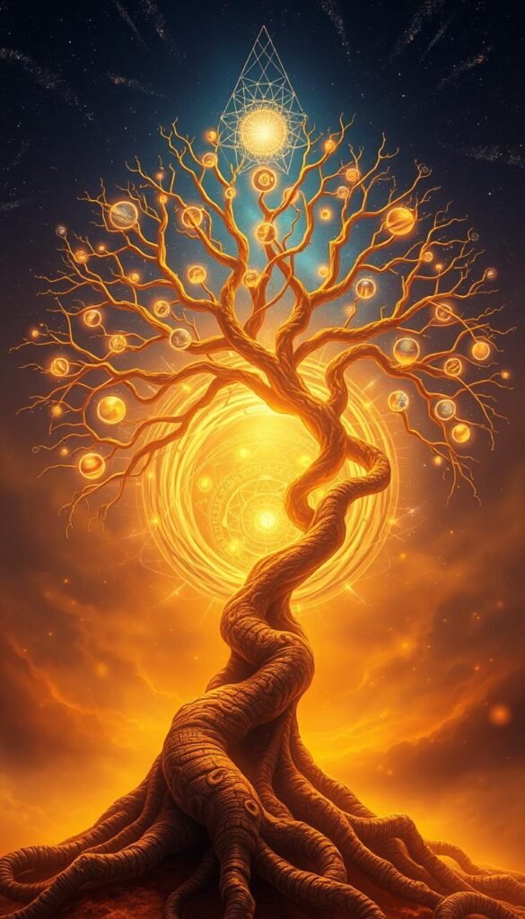 A majestic, ethereal "Tree of Life" reaching towards the heavens, its intricate branches and roots forming a cosmic web of interconnected energy. The scene is bathed in a warm, golden light, casting a serene, mystical atmosphere. In the foreground, the tree's trunk twists and spirals, its bark textured with ancient symbols and patterns. The middle ground is filled with a swirling vortex of glowing orbs, planets, and celestial bodies, representing the interconnectedness of all things. The background fades into a deep, ethereal blue-purple sky, dotted with stars and cosmic phenomena. This sacred geometric design embodies the spiritual significance of the "Tree of Life" as a symbol of the universe's divine order and the cycle of life. A majestic, ethereal "Tree of Life" reaching towards the heavens, its intricate branches and roots forming a cosmic web of interconnected energy. The scene is bathed in a warm, golden light, casting a serene, mystical atmosphere. In the foreground, the tree's trunk twists and spirals, its bark textured with ancient symbols and patterns. The middle ground is filled with a swirling vortex of glowing orbs, planets, and celestial bodies, representing the interconnectedness of all things. The background fades into a deep, ethereal blue-purple sky, dotted with stars and cosmic phenomena. This sacred geometric design embodies the spiritual significance of the "Tree of Life" as a symbol of the universe's divine order and the cycle of life.