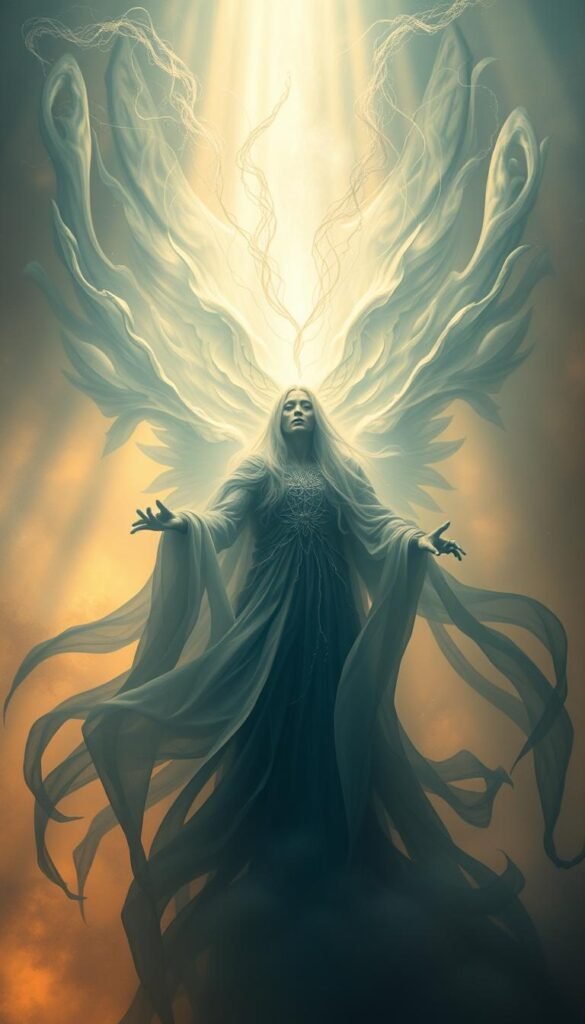 A majestic, ethereal figure floats in a hazy, dreamlike realm, their form shrouded in a cloak of mist and shadow. Wisps of energy emanate from their being, creating a mesmerizing, otherworldly aura. The background is a swirling, abstract tapestry of soft colors, evoking a sense of the subconscious and the mysteries of the afterlife. Beams of warm, golden light filter through the mist, casting a serene and contemplative mood. The figure's expression is calm and tranquil, suggesting a peaceful transition from this world to the next. A sense of wonder and mystery pervades the scene, inviting the viewer to ponder the deeper meaning of death and its place in the cycle of life. A majestic, ethereal figure floats in a hazy, dreamlike realm, their form shrouded in a cloak of mist and shadow. Wisps of energy emanate from their being, creating a mesmerizing, otherworldly aura. The background is a swirling, abstract tapestry of soft colors, evoking a sense of the subconscious and the mysteries of the afterlife. Beams of warm, golden light filter through the mist, casting a serene and contemplative mood. The figure's expression is calm and tranquil, suggesting a peaceful transition from this world to the next. A sense of wonder and mystery pervades the scene, inviting the viewer to ponder the deeper meaning of death and its place in the cycle of life.