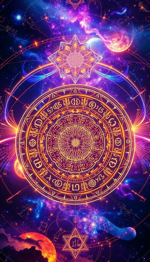 A mesmerizing tapestry of numerology symbols and sacred geometries, illuminated by a warm, ethereal glow. In the foreground, a central mandala-like arrangement of numeric glyphs and arcane symbols, rendered in intricate detail. Surrounding this, a middle layer of swirling energy lines, pulsing with vibrant hues of blue, purple, and gold. In the background, a dreamlike expanse of cosmic nebulae and celestial phenomena, suggesting the deep interconnectedness of the numerical sciences and the fabric of the universe. The overall effect is one of profound mysticism and the unveiling of the hidden, mathematical underpinnings of the natural world. A mesmerizing tapestry of numerology symbols and sacred geometries, illuminated by a warm, ethereal glow. In the foreground, a central mandala-like arrangement of numeric glyphs and arcane symbols, rendered in intricate detail. Surrounding this, a middle layer of swirling energy lines, pulsing with vibrant hues of blue, purple, and gold. In the background, a dreamlike expanse of cosmic nebulae and celestial phenomena, suggesting the deep interconnectedness of the numerical sciences and the fabric of the universe. The overall effect is one of profound mysticism and the unveiling of the hidden, mathematical underpinnings of the natural world.