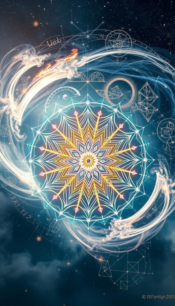 A mesmerizing visualization of the mystical interplay between spiritual movements and numerology. In the foreground, a radiant mandala of interlocking geometric patterns, each segment pulsing with a vibrant, otherworldly energy. Surrounding this central focal point, a swirling vortex of ethereal symbols and sacred glyphs, their intricate designs evoking a sense of ancient wisdom and metaphysical insight. In the background, a shimmering tapestry of stars and celestial bodies, casting a serene, otherworldly glow upon the scene. Soft, diffused lighting bathes the composition in an aura of transcendent, dreamlike illumination, capturing the profound connection between the spiritual and the numerical realms. A mesmerizing visualization of the mystical interplay between spiritual movements and numerology. In the foreground, a radiant mandala of interlocking geometric patterns, each segment pulsing with a vibrant, otherworldly energy. Surrounding this central focal point, a swirling vortex of ethereal symbols and sacred glyphs, their intricate designs evoking a sense of ancient wisdom and metaphysical insight. In the background, a shimmering tapestry of stars and celestial bodies, casting a serene, otherworldly glow upon the scene. Soft, diffused lighting bathes the composition in an aura of transcendent, dreamlike illumination, capturing the profound connection between the spiritual and the numerical realms.