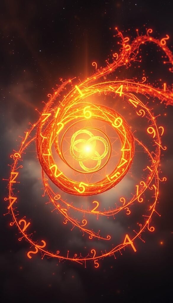 A mystic spiral of intertwined compound numbers, radiating with spiritual energy. In the foreground, a central focal point of interlocking numerals, glowing with a warm, ethereal luminescence. Surrounding it, a cascade of swirling, overlapping digits in shimmering hues of gold, amber, and crimson, evoking a sense of ancient wisdom and cosmic significance. In the background, a nebulous, starry expanse, hinting at the infinite depths of numerical symbolism. Soft, diffuse lighting casts a serene, contemplative atmosphere, inviting the viewer to meditate on the hidden meanings within these sacred geometric forms. A mystic spiral of intertwined compound numbers, radiating with spiritual energy. In the foreground, a central focal point of interlocking numerals, glowing with a warm, ethereal luminescence. Surrounding it, a cascade of swirling, overlapping digits in shimmering hues of gold, amber, and crimson, evoking a sense of ancient wisdom and cosmic significance. In the background, a nebulous, starry expanse, hinting at the infinite depths of numerical symbolism. Soft, diffuse lighting casts a serene, contemplative atmosphere, inviting the viewer to meditate on the hidden meanings within these sacred geometric forms.