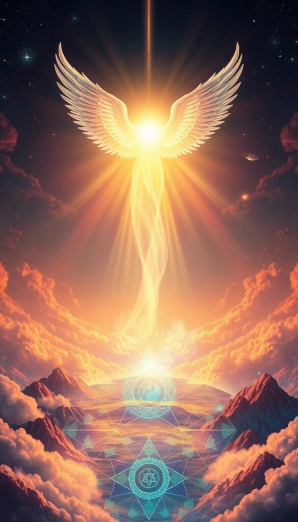 A mystical angelic presence hovers above, emanating a celestial glow. Beneath, an ethereal landscape unfolds, where vibrant geometric patterns and symbolic imagery intertwine, reflecting the profound impact of angel numbers on one's beliefs and spiritual journey. Warm, ethereal lighting bathes the scene, evoking a sense of transcendence and inner transformation. The overall composition conveys a harmonious blend of the spiritual and the material, showcasing how angel numbers can shape and elevate an individual's worldview. A mystical angelic presence hovers above, emanating a celestial glow. Beneath, an ethereal landscape unfolds, where vibrant geometric patterns and symbolic imagery intertwine, reflecting the profound impact of angel numbers on one's beliefs and spiritual journey. Warm, ethereal lighting bathes the scene, evoking a sense of transcendence and inner transformation. The overall composition conveys a harmonious blend of the spiritual and the material, showcasing how angel numbers can shape and elevate an individual's worldview.