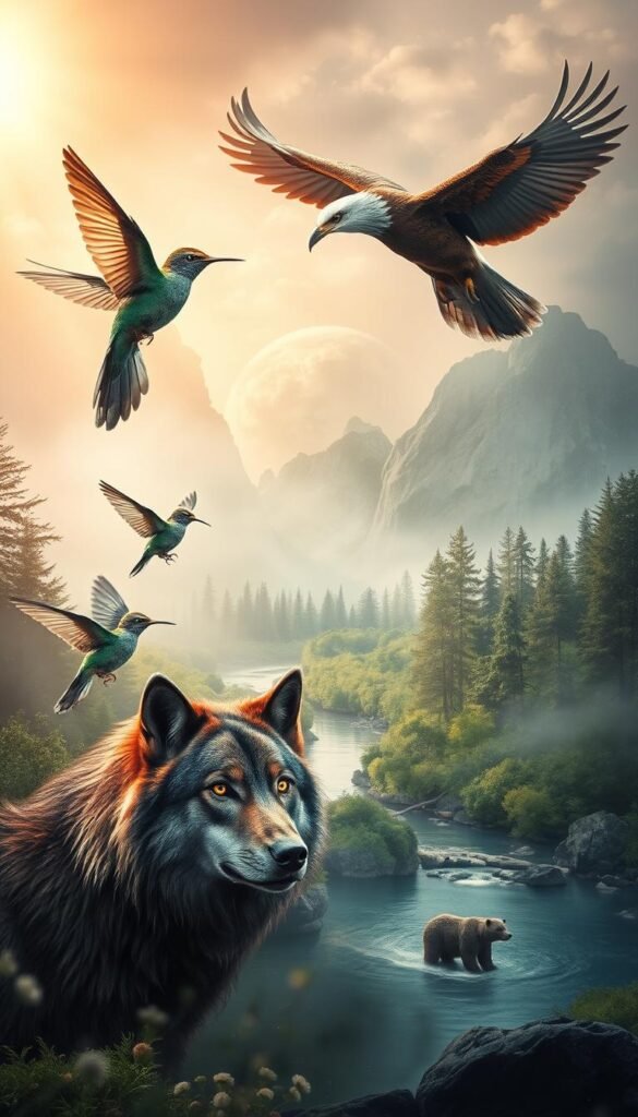 A mystical, ethereal landscape of symbolic animal spirits. In the foreground, a majestic wolf, its eyes shining with ancient wisdom, representing strength, loyalty, and intuition. Beside it, a graceful hummingbird, a symbol of joy, healing, and the ability to move swiftly through life's challenges. In the middle ground, a powerful eagle soars, its wings outstretched, embodying vision, courage, and connection to the divine. In the background, a serene river winds through a lush, verdant forest, reflecting the calming presence of the bear, a totem of grounding, introspection, and the cycles of life. The entire scene is bathed in a warm, glowing light, creating a mesmerizing, spiritual atmosphere. A mystical, ethereal landscape of symbolic animal spirits. In the foreground, a majestic wolf, its eyes shining with ancient wisdom, representing strength, loyalty, and intuition. Beside it, a graceful hummingbird, a symbol of joy, healing, and the ability to move swiftly through life's challenges. In the middle ground, a powerful eagle soars, its wings outstretched, embodying vision, courage, and connection to the divine. In the background, a serene river winds through a lush, verdant forest, reflecting the calming presence of the bear, a totem of grounding, introspection, and the cycles of life. The entire scene is bathed in a warm, glowing light, creating a mesmerizing, spiritual atmosphere.