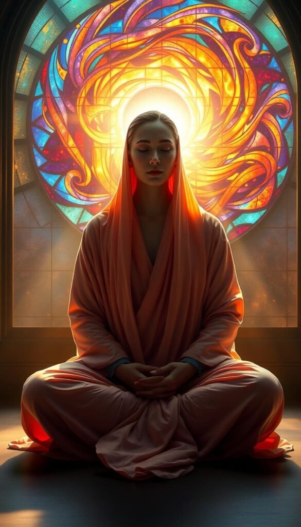 A mystical figure, draped in ethereal robes, sits cross-legged in a meditative pose. Soft, warm light filters through a stained-glass window, casting a kaleidoscope of hues across their face, which radiates a serene, introspective expression. Behind them, a swirling vortex of cosmic energy pulses with vibrant, jewel-toned hues, representing the intuitive power and visionary insights of the master number 11. The composition is balanced, with a sense of tranquility and spiritual depth, inviting the viewer to contemplate the higher realms of consciousness. A mystical figure, draped in ethereal robes, sits cross-legged in a meditative pose. Soft, warm light filters through a stained-glass window, casting a kaleidoscope of hues across their face, which radiates a serene, introspective expression. Behind them, a swirling vortex of cosmic energy pulses with vibrant, jewel-toned hues, representing the intuitive power and visionary insights of the master number 11. The composition is balanced, with a sense of tranquility and spiritual depth, inviting the viewer to contemplate the higher realms of consciousness.